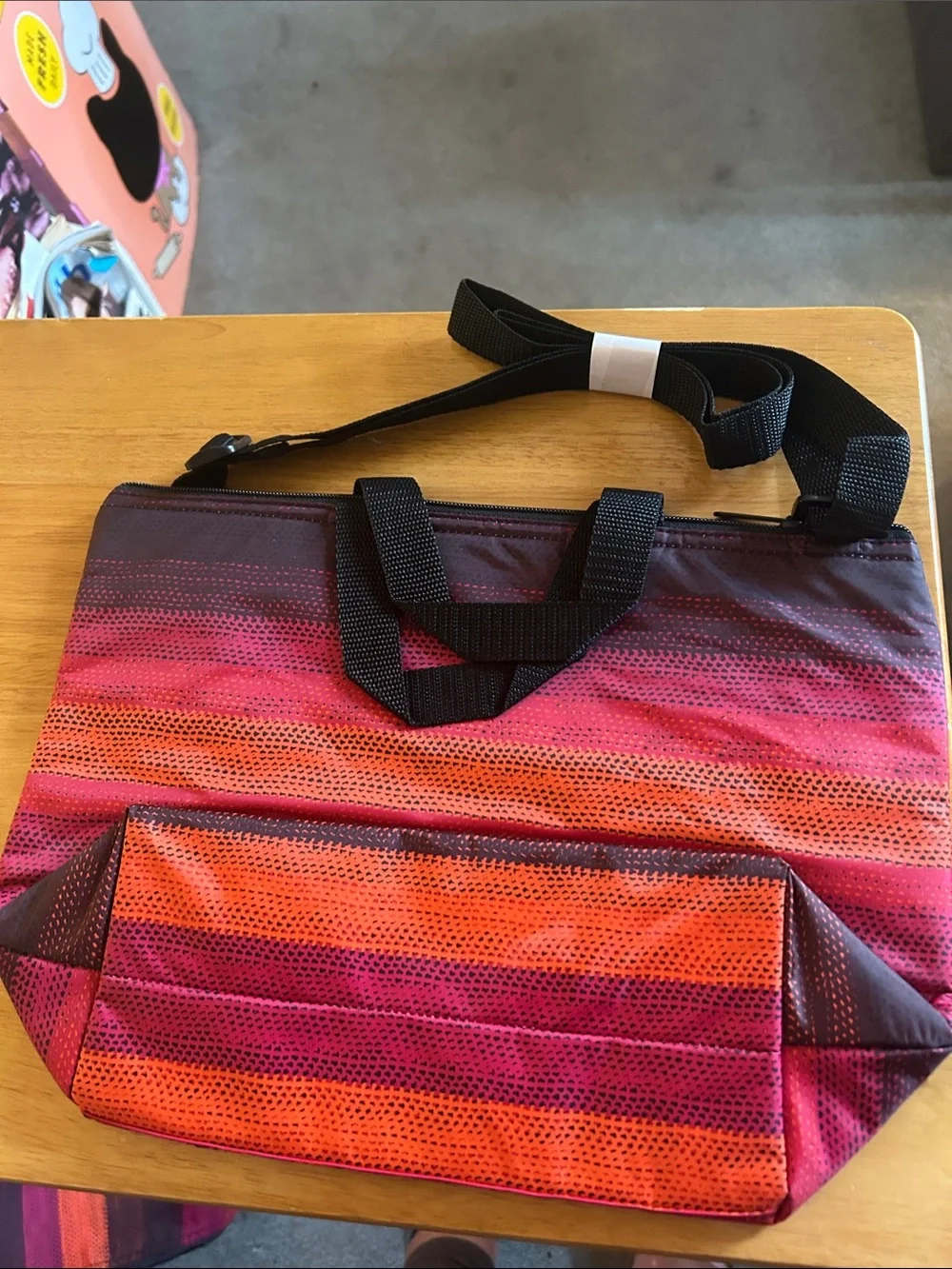 Thirty one Crossbody thermal tote Pink and Orange ombre stripe with Black Straps